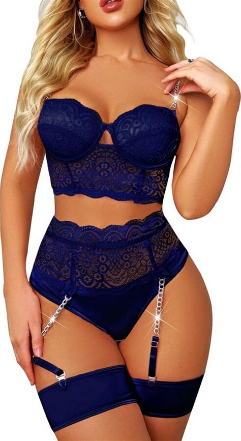 Aranmei Womens Sexy Lingerie Set With Thigh Cuffs Pieces Lace Bra