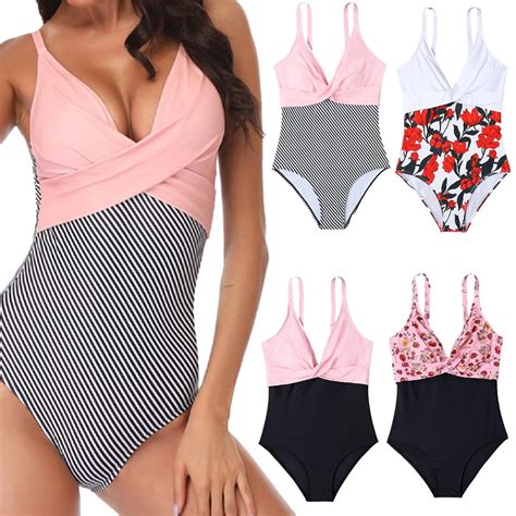 WOLLED Women S One Piece Swimsuits Color Blocked Beach Bikini Halter Push Up Swimwear Women One
