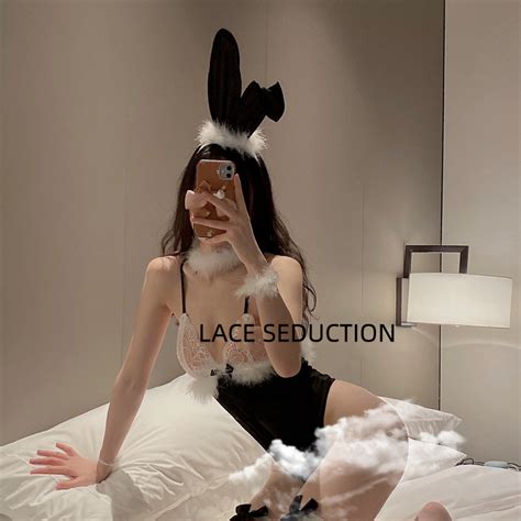 SG Stock Lace Seduction Women Sexy Velvet Lace Bunny Suit Bodysuit Uniform Lingerie Pyjamas