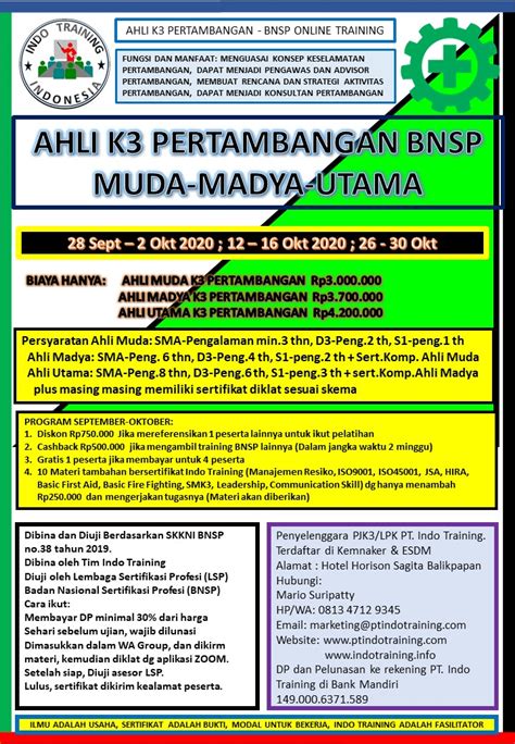 Pt Indo Training Training Ahli K3 Pertambangan Bnsp Muda Madya Utama