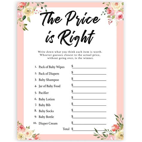The Price Is Right Game Spring Floral Printable Baby Shower Games