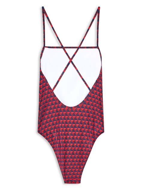 Lacoste Geometric Print Criss Cross Swimsuit Red Farfetch