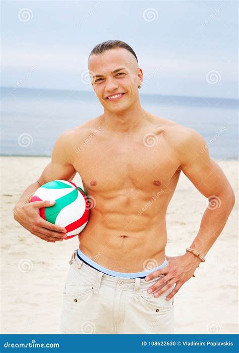 Portrait Of Naked Man On The Beach With Ball Stock Photo Image Of Caucasian Handsome