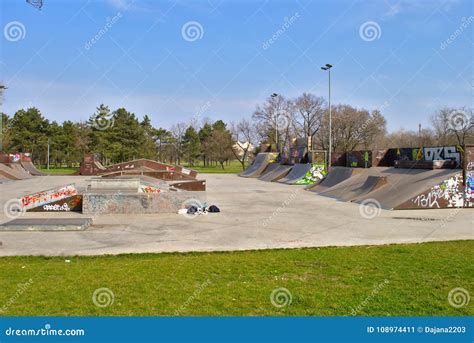 Empty Skate Park In Early Spring All Sorts Of Ramps Stock Image