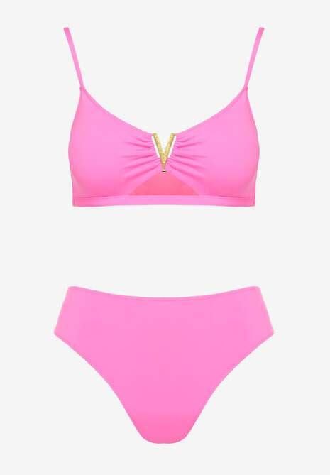Fuksjowe Bikini Majtki Figi i Biustonosz Ozdobiony Metaliczną Aplikacją Kinniela Renee