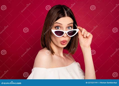 Photo Of Impressed Brown Hairdo Millennial Lady Touch Spectacles Wear White Naked Shoulders