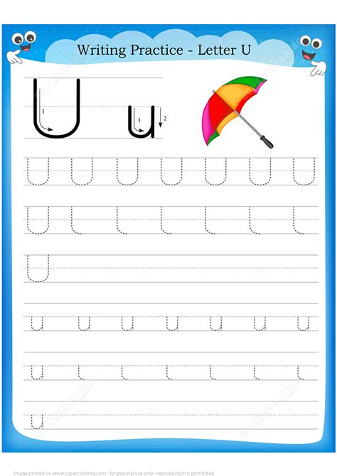 Letter U Is For Umbrella Handwriting Practice Worksheet Free