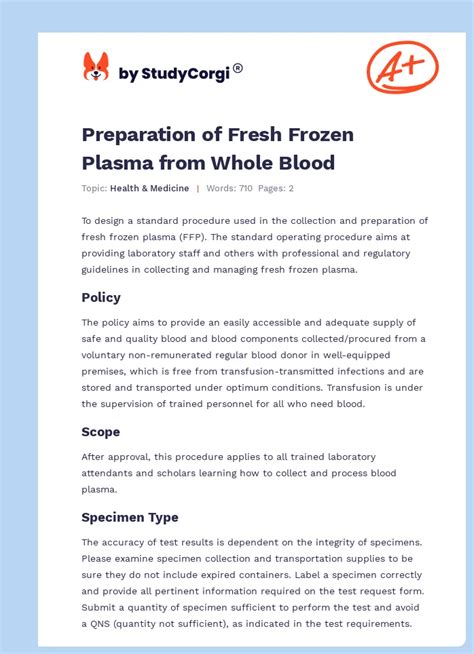 Preparation of Fresh Frozen Plasma from Whole Blood | Free Essay Example 