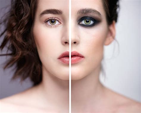 Collage Of Two Photos Closeup Macro Portrait Of Female Face With Nude Makeup And Violet Black