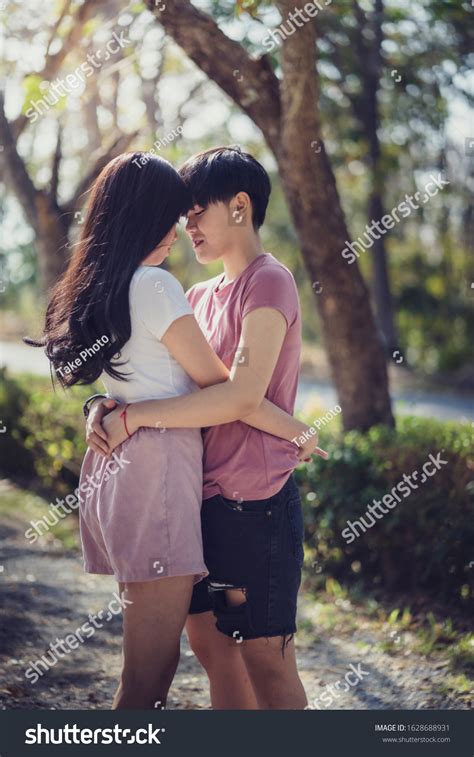 Happy Lesbian Couple Standing Hugging Park Stock Photo Shutterstock