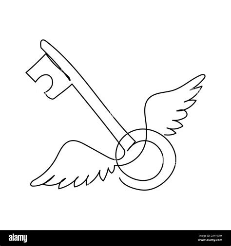 Single one line drawing flying key with wings. mystery, clue and magic symbol. unlock, hint