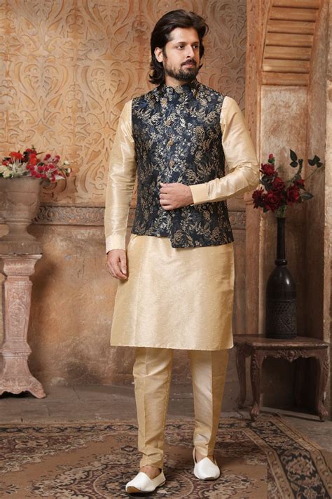 Buy Blue Dark Gold Art Banarasi Silk Nehru Jacket NMK 5628 Online