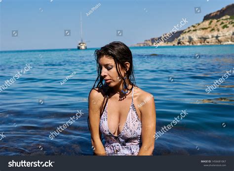 Sexy Brunette Long Hair Posing Swimsuit Stock Photo Edit Now