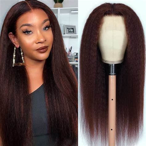 Odir Kinky Straight Human Hair Wig Reddish Brown Lace Front Wigs For Black Women