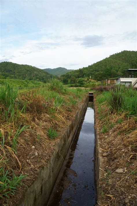 Irrigation Water Canal Going Through Agriculture Area Stock Photo