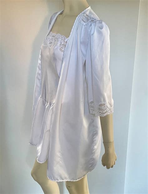 1980s White Lingerie Set Vintage Bride Lingerie Size M L Matching Robe And Slip Two Piece