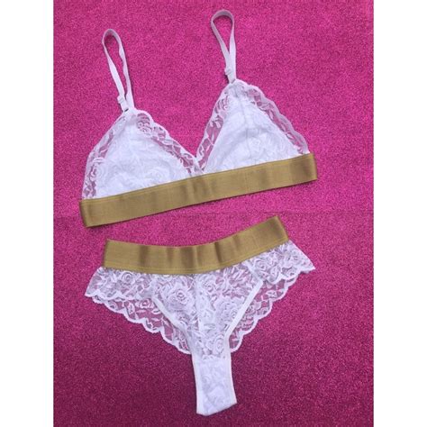 Conjunto Lingerie Sem Bojo Renda Confortável Branco e Dourado Calcinha e Soutien Super Luxo