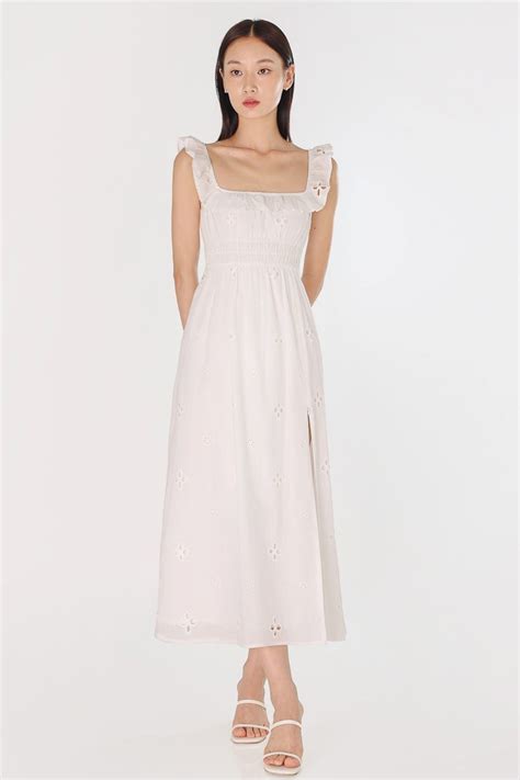 Pandora Padded Eyelet Ruffle Ruched Slit Midaxi Dress White Lovet