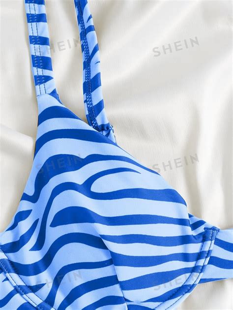 SHEIN X Lele Pons SHEIN Swim Mod Summer Beach Zebra Striped Bikini Set Wireless Underwire Top