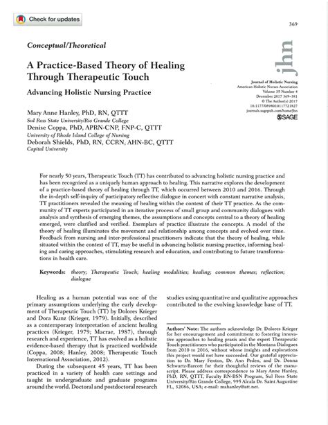 Pdf A Practice Based Theory Of Healing Through Therapeutic Touch