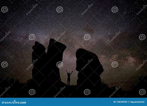 Naked Woman Silhouette Against Night Sky With Milky Way Constellations And Stars Stock Photo