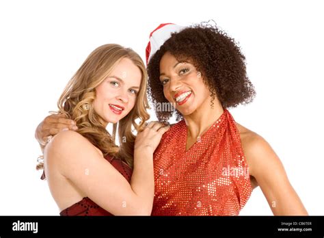 Two Lesbian Friend Lovers Female One Caucasian And Second Ethnic Latina In Mrs Santa Claus Are