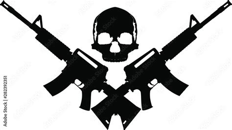 Human Skull And Two Crossed Automatic Assault Rifles On A White