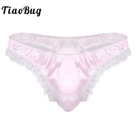 Tiaobug Mens Lingerie Bulge Pouch Ruffle Lace Shiny Bikini Thong Sexy