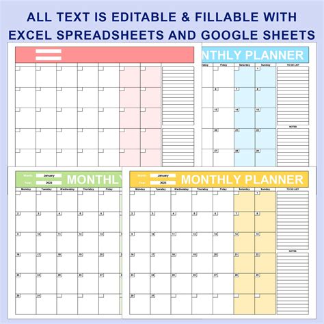 Monthly Planner Editable Fillable Printable. Monthly Calendar. EXCEL ...