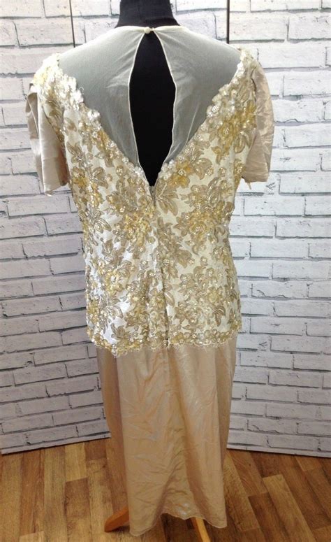 Vintage nude lentejuelas perla encaje vestido size16 satén 1960 50s Etsy España