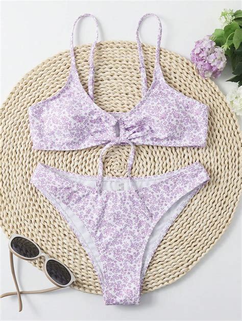 Swim Mod Summer Beach Ditsy Floral Drawstring Bikini Set SHEIN USA