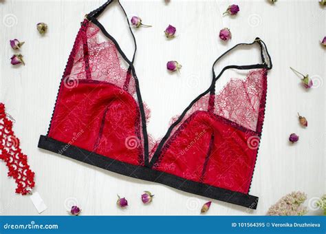 De Rode Lingerie Van Kantvrouwen Sexy Kantondergoed Op Het Houten Wit