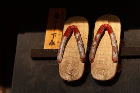 Traditional Japanese Wooden Shoes For Sale In Souvenir Shops Stock