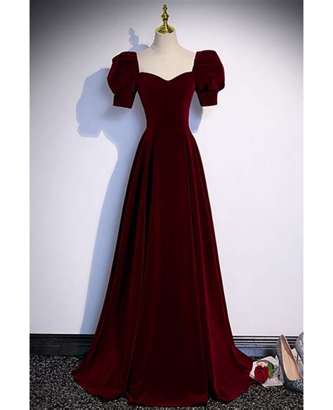 Simple Burgundy Long Velvet Prom Dress With Short Sleeves L