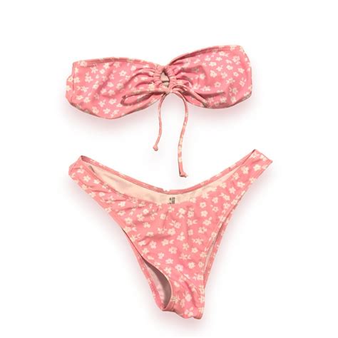 Pink Shein Strapless Bikini Set With White Flowers Depop