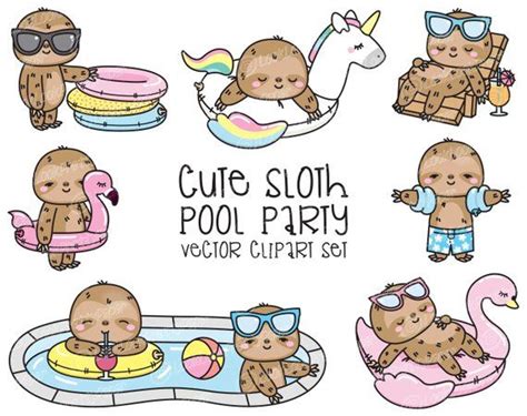 Cute Sloths Pool Party In New Icons Perfect For Invitations And