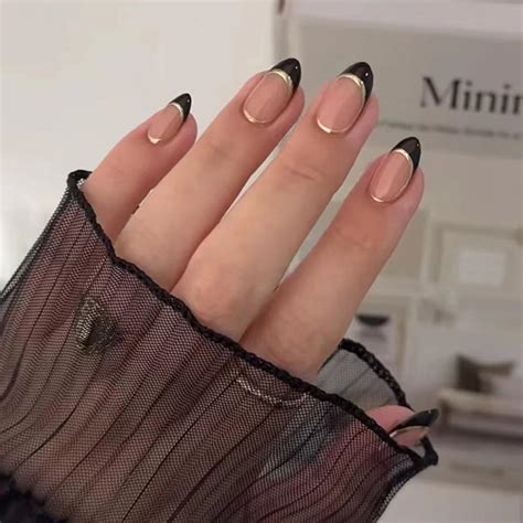 Amazon Pcs Nude Pink Press On Nails Short Almond Shanrun Fall Gold Edge Black French