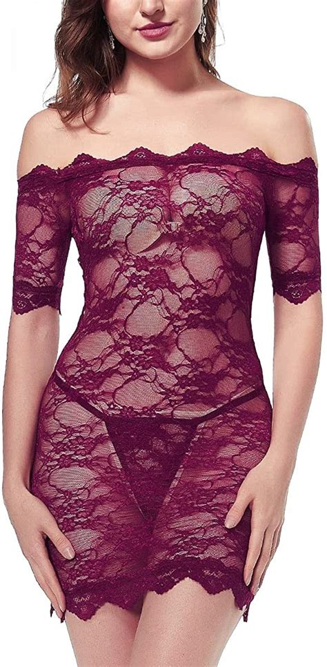 Sexy Lingerie Off Shoulder Stretchy Chemise Floral Babydoll Lace Slim Bodysuits Nightwear Party