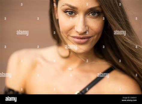 Outdoor Portrait Of Sensual Long Hair Brunette Woman Stock Photo Alamy