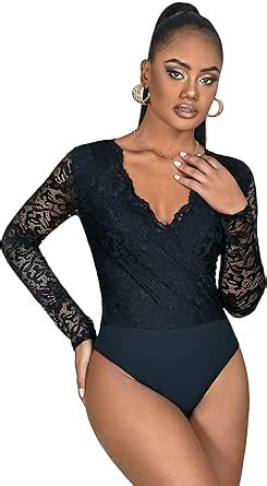 Amazon Ohyeah Black Long Sleeve Lace Bodysuit Tops Sexy Plunge V Neck Bodysuits Lingerie
