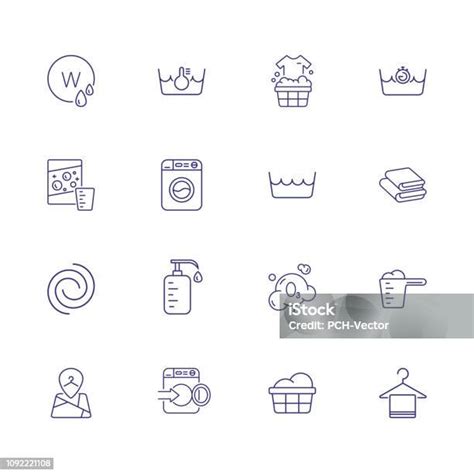 Set Ikon Garis Binatu Tumpukan Handuk Baskom Ilustrasi Stok Unduh