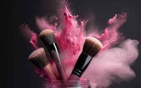 Premium Ai Image Makeup Brushes With Whirling Pink Powder On Dark