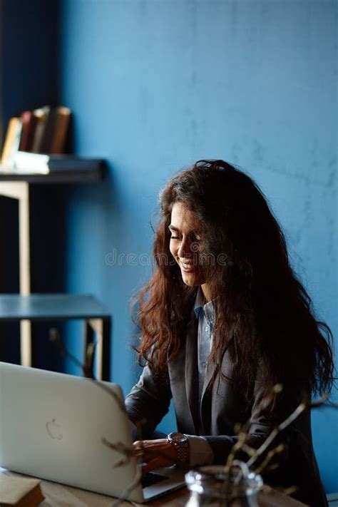 Beautiful Brunette Sitting In Cafe And Working On Computer Stock Photo Image Of Beauty