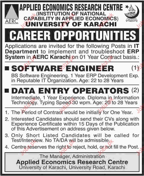 University Of karachi Required Software Engineer 2023 Job Advertisement