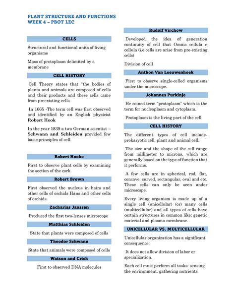 WEEK 4 Botany Transes - PBOT111 WEEK 4 - WEEK 4 – PBOT LEC CELLS