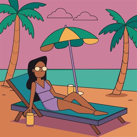 Mujer en bikini chica de verano en vacaciones traje de baño de playa vacaciones dibujado a mano