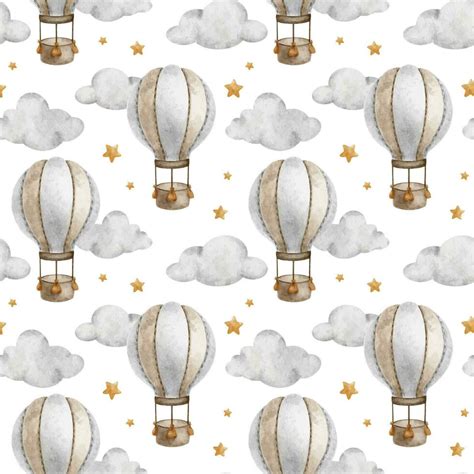 Hot Air Balloon With Basket Clouds And Stars Watercolor Seamless Pattern Cute Baby Background