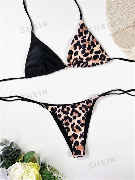 SHEIN Swim Vcay Spliced Leopard Bikini Set Halter Triangle Bra Thong Piece Bathing Suit SHEIN
