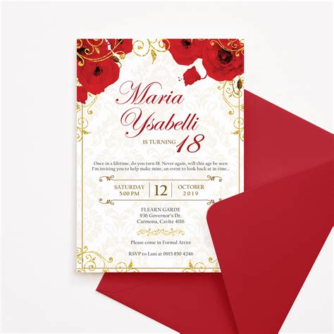 Debut Invitation Template - Royal, Red Flowers & Gold Ornaments - Dgtally