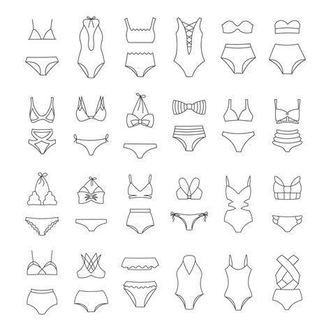 Set Of Line Drawings Of Women S Swimwear Swimsuits Bikini On A White Background Women S